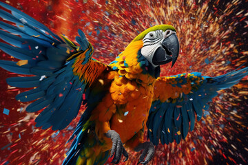 Poster - An vibrant photograph of a Macaw splashed in bright paint, contemporary colors and mood social background.  Generative AI technology.