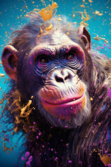 Poster - An abstract surreal photograph of a Chimpanzee splashed in bright paint, contemporary colors and mood social background.  Generative AI technology.