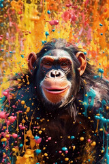 Poster - An abstract surreal photograph of a Chimpanzee splashed in bright paint, contemporary colors and mood social background.  Generative AI technology.