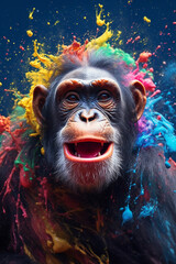 Aufkleber - An abstract surreal photograph of a Chimpanzee splashed in bright paint, contemporary colors and mood social background.  Generative AI technology.