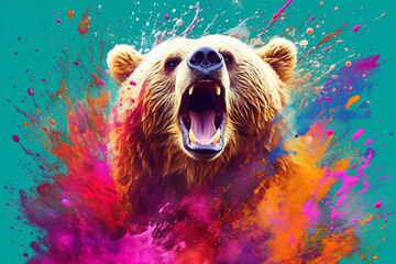 Poster -  An vibrant photograph of a Bear splashed in bright paint, contemporary colors and mood social background.  Generative AI technology.