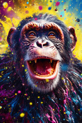 Poster - An abstract surreal photograph of a Chimpanzee splashed in bright paint, contemporary colors and mood social background.  Generative AI technology.