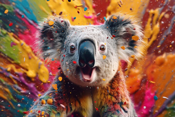 Poster -  An vibrant photograph of a Koala splashed in bright paint, contemporary colors and mood social background.  Generative AI technology.