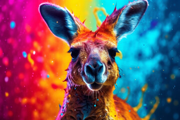 Poster - An vibrant photograph of a Kangaroo splashed in bright paint, contemporary colors and mood social background.  Generative AI technology.