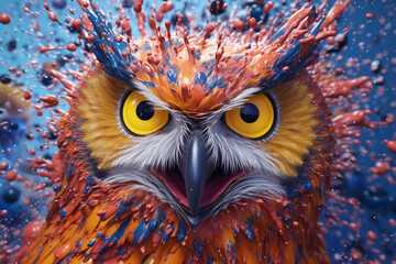 Poster - An vibrant photograph of a Owl splashed in bright paint, contemporary colors and mood social background.  Generative AI technology.