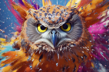 Poster - An vibrant photograph of a Owl splashed in bright paint, contemporary colors and mood social background.  Generative AI technology.
