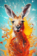 Poster - An abstract surreal photograph of a Kangaroo splashed in bright paint, contemporary colors and mood social background. Generative AI technology.