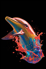 Poster - An abstract surreal photograph of a Dolphin splashed in bright paint, contemporary colors and mood social background.  Generative AI technology.