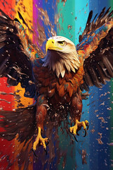 Poster - An abstract surreal photograph of a Eagle splashed in bright paint, contemporary colors and mood social background.  Generative AI technology.