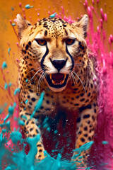 Poster -  An abstract surreal photograph of a Cheetah splashed in bright paint, contemporary colors and mood social background.Generative AI technology.