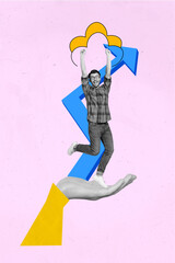 Aufkleber - Composite collage picture of young excited crazy motivated businessman jump growing arrow up progress isolated on pink color background