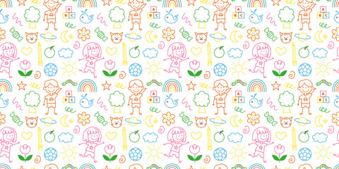 Colorful funny children, toys seamless pattern doodle style. Cute happy kids repeating print. Childish background, texture for textile, fabric, wrapping. Flat graphic vector illustration