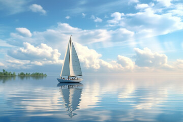 Poster - a sailboat gliding across a tranquil lake, propelled by a gentle breeze, representing the harmony between wind and water.  Generative AI technology.