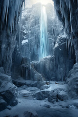 Poster - a frozen waterfall, with icicles suspended from its edges and the surrounding landscape covered in a glistening layer of ice. Generative AI technology.