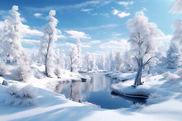 Poster - a frozen winter wonderland, with snow-covered trees, frozen ponds, and a pristine white landscape stretching as far as the eye can see.  Generative AI technology.