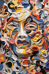 Aufkleber - An abstract painting featuring distorted figures and fragmented shapes, evoking a sense of disorientation and introspection.  Generative AI technology.