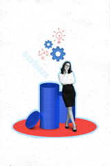 Poster - Vertical collage of minded smart mini black white effect girl brainstorming huge pile stack money coins cogwheel gear light bulb