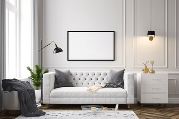 Wall Mural - Modern  interior design of open space living room with modular furniture include sofa, pillows, tropical plants , lamp and blank photo frame , Photo by AI generative technology.