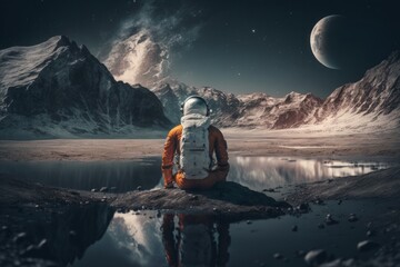 An Astronaut standing on the moon looking at a large earth like planet. Generative ai