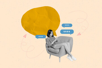 Poster - Photo of young business lady answer sms income notification dialogue between friends quotes phrases isolated on beige color background