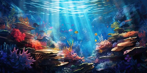 AI Generated. AI Generative. Underworld under water sea ocean diving life flora fauna adventure vacation trip photo illustration. Graphic Art