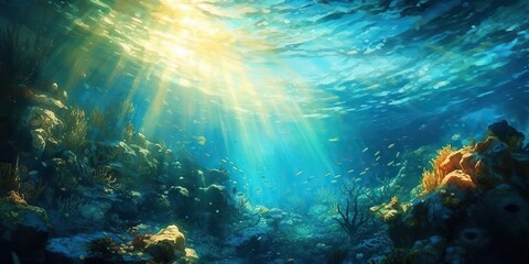 Wall Mural - AI Generated. AI Generative. Underworld under water sea ocean diving life flora fauna adventure vacation trip photo illustration. Graphic Art