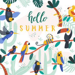 Wall Mural - Card with tropical birds, palm leaves. Hello Summer card. Vector illustrations