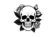Human Skull In A Flower Frame Woodcut Style. Vector Engraving Sketch Illustration For Tattoo And Print Design.