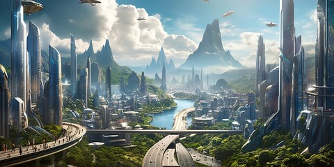 Wall Mural - futuristic high-tech city with advanced infrastructure, science fiction cityscape, fictional landsca