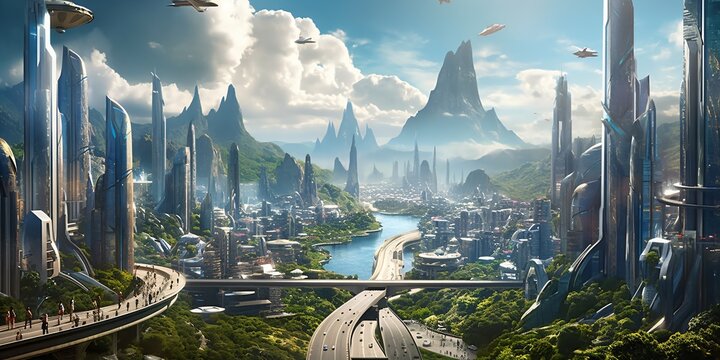 futuristic high-tech city with advanced infrastructure, science fiction cityscape, fictional landsca