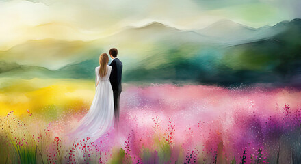 Wall Mural - abstract bride and groom standing together in beautiful summer landscape with flowers and hills and 