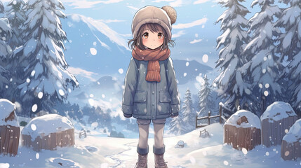 Wall Mural - Anime girl in winter clothes stands on a snowy hill