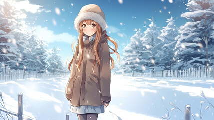 Wall Mural - Anime girl in winter clothes stands on a snowy hill