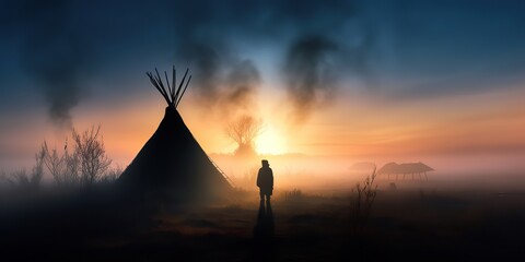 Wall Mural - AI Generated. AI Generative. Native american western camping indian tent wigwam. Lonely fog mist mystic morning vibe. Graphic Art