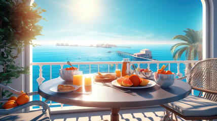 Romantic summer vacation view. Luxury travel balcony with ocean view. Generative Ai