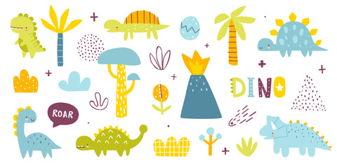 Wall Mural - cute dino colorful set. naive dinosaurs collection for baby boys. abstract vector dino bundle.