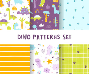 Wall Mural - cute pattern set with dino for kids. seamless vector colorful print collection with abstract dinosau