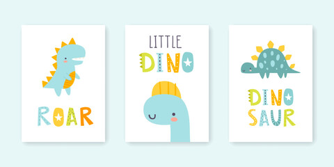 Wall Mural - cute dino prints set with text. posters with abstract little dinosaurs and lettering. scandinavian p