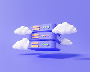 Poster - System cloud computing data center server storage database icon on purple background. digital technology electronic. security protection online platform backup. minimal cartoon. 3d render illustration