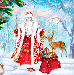 Wall Mural - Composition of Santa Claus with Christmas stick,long whitу beard and lamp in hands in Red coat with white ornament with red bag with presents in front, standing in snow.