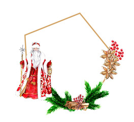 Wall Mural - Christmas frame with fir branches and Santa Claus in red.Watercolor hand drawn illustration for invitations, greeting cards, prints, packaging and more. Merry christmas and happy new year.