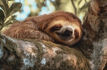 Cute Brown Sloth Sleeping On The Tree