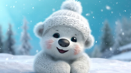 Wall Mural - Cute baby white bear wearing a woolly hat in winter