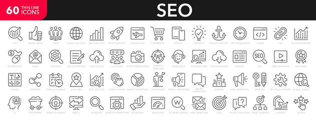 SEO line icons set. Search Engine Optimization symbol collection. Search, content, analysis, traffic, link, development, optimization, - stock vector.