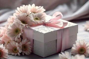 Wall Mural - Gift box with ribbon and bow. AI generated art illustration.