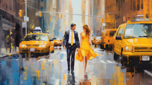 Oil Painting On Canvas, Street View Of New York, Man And Woman, Yellow Taxi, Modern Artwork, American City, Illustration New York (ai Generated)