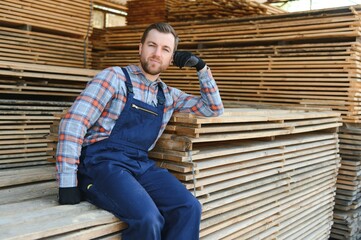 Wall Mural - Male Worker folds boards. Sawmill. Wood harvesting process