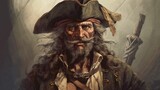 portrait of a pirate, An old art print of a pirate, portrait of a person in a hat, Generative AI