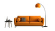 Midcentury sofa with pillow rug and floor lamp, transparent background, PNG