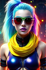 Wall Mural - Glamorous hipster teenager in sunglasses. Vertical view portrait of millennial pretty girl with clothing and hairstyle in neon colors. Сoncept of nightclub. Generative AI